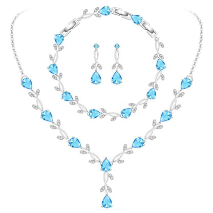 GZWHD Wedding Jewelry Sets for Bride Bridesmaid Women Cubic Zirconia Necklace Earrings Bracelet Set Gift for Mother Friend Wife Daughter Sister Party Prom Jewelry - color: Sky Blue