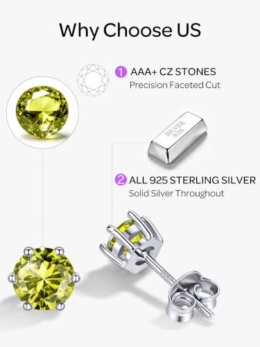 ChicSilver 925 Sterling Silver Earrings Sparkling Heart/Round/Princess Cut Birthstone Earrings for Women Birthday Jewelry with Gift Box - style: C.August(Peridot)-Round Cut