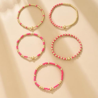 LOTSOF Bohemia Multilayer Beaded Bracelet Set, Turquoise Resin Colorful Surfer Heishi Style Elastic Spring Clasp Friendship Elastic Wristbands Summer Beach Boho Vacation Jewelry - color: Hot Pink