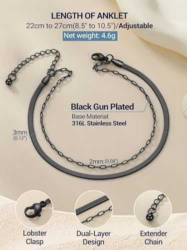 PROSTEEL Anklets for Women Waterproof, Silver/Gold/Black, Stainless Steel | Layered Anklets, Stainless Steel, Durable& No Tarnish, Summer Beach Jewelry, with Gift Box, 8-10.5" Adjustable, Plus Size - color: Black, size: snake & paperclip