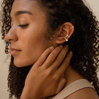 14K Gold Plated Ear Cuff Earrings for Women, Dainty Ear Cuffs Clip on Earrings Non Piercing Trendy Cubic Zirconia Cartilage Hoop Earring Fashion Jewelry Sets for Women - color: 3PCS/Pearl