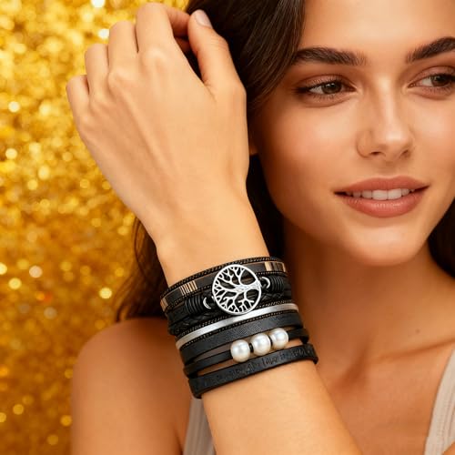 Leather Wrap Bracelets for Women, Boho Leopard Multi-Layer Crystal Beads Cuff Jewelry - color: J-Warp-002