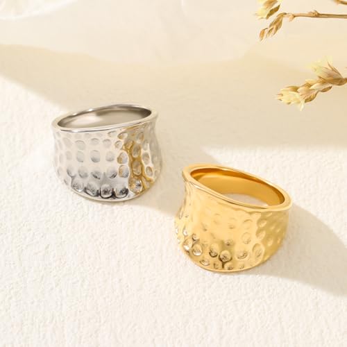 Wide Statement Hammered Band Rings for Women and Men，High 14K Gold Plated Polish Large Thumb Index Full Finger Rinds Size 5-10（Gold and Silver） - color: Silver