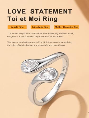Bestyle Silver Birthstone Ring for Women, Dainty Sterling Silver Teardrop Ring Open Adjustable Band Ring, Love Statement TOI et Moi Ring Promise Ring for Her - color: 04.April ( Clear Quartz)