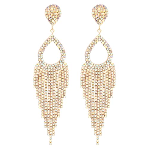 BaubleStar Rhinestone Teardrop with Long Tassel Earrings Sparkly Dangle Earrings for Women - color: Gold