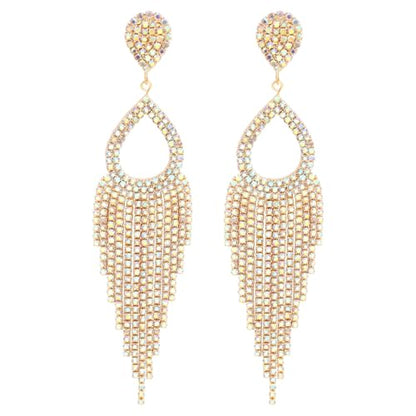 BaubleStar Rhinestone Teardrop with Long Tassel Earrings Sparkly Dangle Earrings for Women - color: Gold