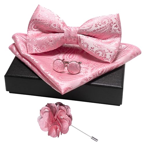 JEMYGINS Mens Paisley Bow Tie and Lapel Pin Necktie Pocket Square and Tie Clip with Sets for Business Casual 4PCS - color: Pink
