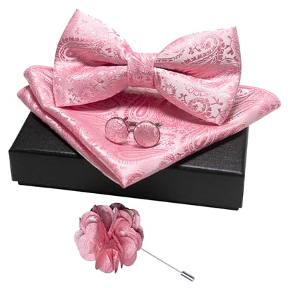 JEMYGINS Mens Paisley Bow Tie and Lapel Pin Necktie Pocket Square and Tie Clip with Sets for Business Casual 4PCS - color: Pink