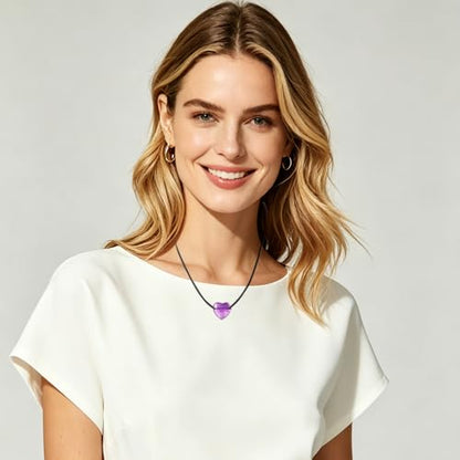 weryerker Natural Gemstone Heart Pendant Necklace Healing Crystal Heart Charm Necklace Adjustable Waxed Black Rope for Women - color: Amethyst