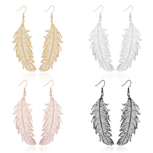 4 Pairs Boho Feather Earrings for Women 14K Gold Plated Long Feather Earrings Gold Leaf Earrings Summer Beach Jewelry Gifts