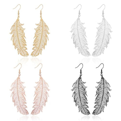 4 Pairs Boho Feather Earrings for Women 14K Gold Plated Long Feather Earrings Gold Leaf Earrings Summer Beach Jewelry Gifts