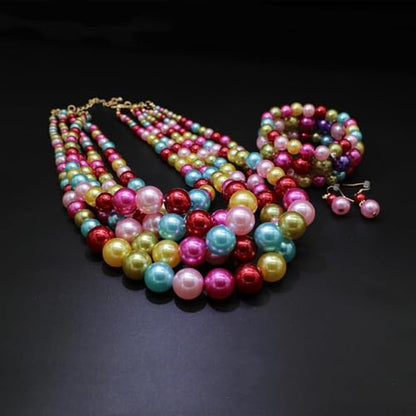 Faux Big Pearl Srand Necklaces for Women 5 Layers Pearls Choker Bib Collar Necklace Bracelet and Earrings set 1920s Costume Pearl Jewelry Bridal Wedding - color: colorful pink