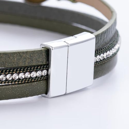 Boho Chunky Leather Wrap Bracelets Stackable Beaded Western Country Jewelry | Crystal Bead Trendy Layered Cuff Magnetic Clasp Stack Bohemian Statement Costume Outfits Cowgirl Fashion Hippie Accessories - color: Green, size: 14.7"