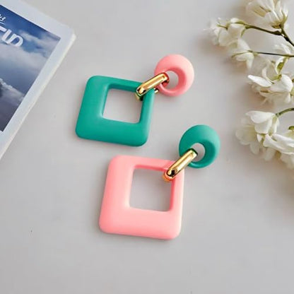70s 80s Vintage Resin Neon Square Dangle Drop Earrings Simplicity Acrylic Hollow Round Circle Geometry Stud Earrings for Women - style: Blue Pink