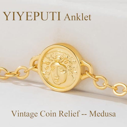 14K Gold Anklets for Women Gold Ankle Bracelets for Women Anklet | 14K Gold Anklets for Women Coin Portrait Relief Gold Ankle Bracelets for Women Beach Anklets Coin Anklet for Womens 9.4-11in
