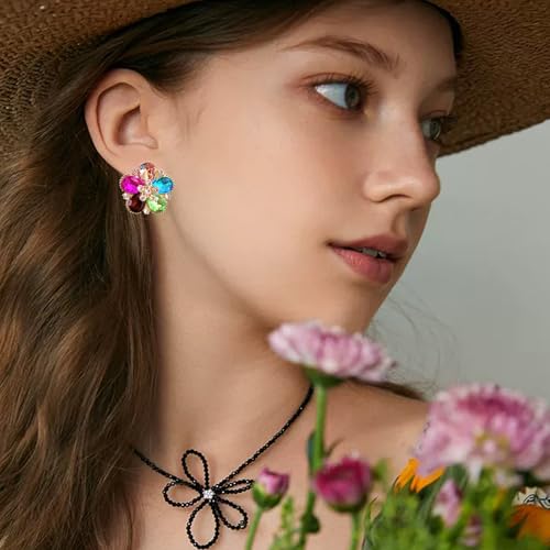 Bohemian Sparkly Crystal Flower Sliver Lightweight Stud Earrings Peach Blossom Rhinestone Floral Dangle Earrings For Women Jewelry Gifts - color: Colorful