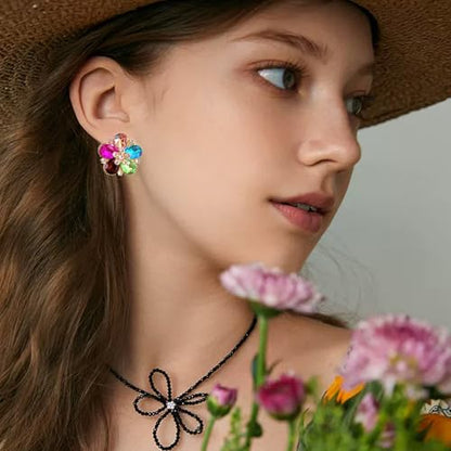 Bohemian Sparkly Crystal Flower Sliver Lightweight Stud Earrings Peach Blossom Rhinestone Floral Dangle Earrings For Women Jewelry Gifts - color: Colorful