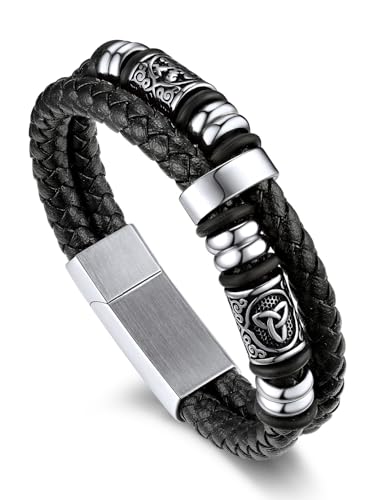 Bandmax Men's Black Double Wax Rope Bracelet Waterproof Stainless Steel Norse Style Celtic Knot Beads Wristband 7-9 Inch Gift for Men Father Husband Son Grandson - color: 01 Silver Tone, size: 8.26 Inches (21cm)