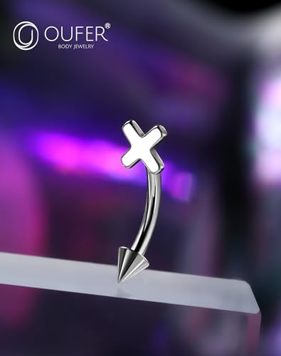 OUFER Rook Piercing Jewelry, G23 Solid Titanium Eyebrow Rings, Heart Vertical Labret Lip Jewelry, 16G Curved Barbells, Daith Rook Earrings for Women Men - color: Cross, size: 16G 8mm