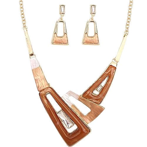 SFE Irregular Enamel Triangle Shape shell Collar Bib Bohemian Boho Statement Necklace Earrings Fashion Costume Jewelry Set for Women - color: Champagne-Gold Plated
