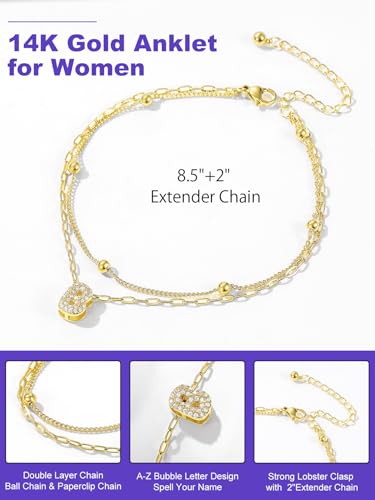 Richsteel Initial Ankle Bracelets for Women Waterproof, 14K Gold Plated/Silver Stainless Steel Anklets, Dainty Adjustable Layered Anklets with Bubble Letter, Non Tarnish Summer Beach Jewelry with Gift Box - color: G-Gold-Plated