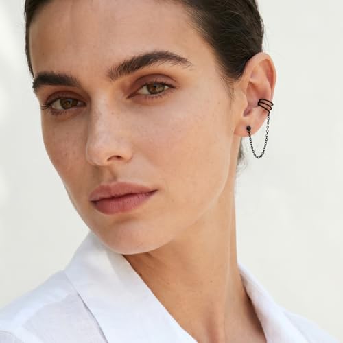 SLUYNZ 925 Sterling Silver Cuff Earrings Chain for Women Crawler Earrings Studs - color: D-Black Gold Plated
