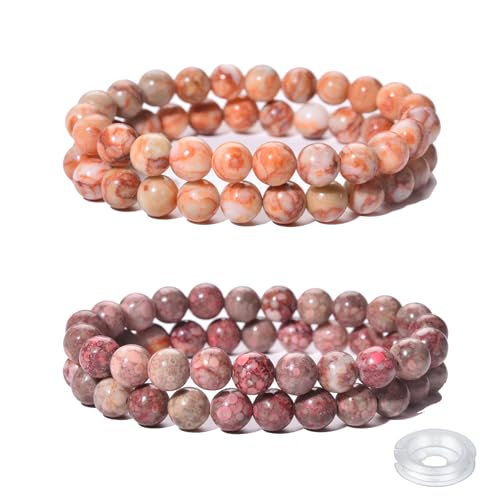Crystal Beaded Bracelets Set, 4 Piece Gemstone Stretch Bracelets, Rose Quartz, Agate,Jasper, Tiger Eye and Multicolor Glass Beads with String - style: Type 6(Red Net+Red Juhua)