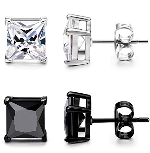 ORAZIO Black Silver Earrings for Men,Stainless Steel Cubic Zirconia Earrings 20G Mens Earrings Hypoallergenic CZ Earrings Studs Trendy Square Earring Studs Set 4-8MM - style: 2 Pairs,Cubic Zirconia Diameter:6mm