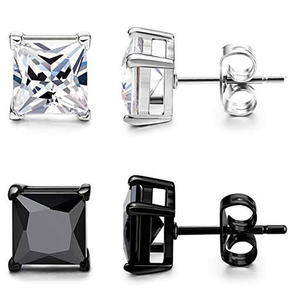 ORAZIO Black Silver Earrings for Men,Stainless Steel Cubic Zirconia Earrings 20G Mens Earrings Hypoallergenic CZ Earrings Studs Trendy Square Earring Studs Set 4-8MM - style: 2 Pairs,Cubic Zirconia Diameter:6mm