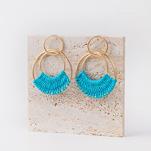 Raffia Hoop Earrings for Women Fun Boho Summer Beach Earrings Lightweight Handmade Straw Wicker Rattan Dangle Earrings Statement Geometric Round Drop Earrings - color: Light Blue - Round