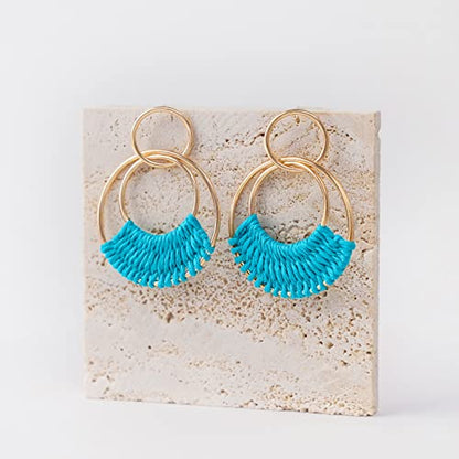 Raffia Hoop Earrings for Women Fun Boho Summer Beach Earrings Lightweight Handmade Straw Wicker Rattan Dangle Earrings Statement Geometric Round Drop Earrings - color: Light Blue - Round