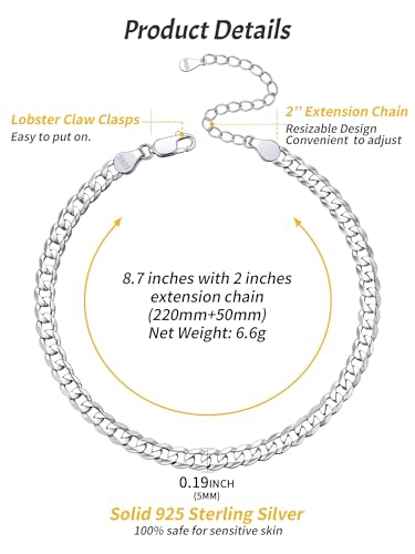 ChicSilver 925 Sterling Silver Ankle Bracelet for Women, Simple Cuban Link/Figaro/Twist Rope Chain Anklets for Beach Party(with Gift Box) - style: 07: Cuban Chain-5mm wide
