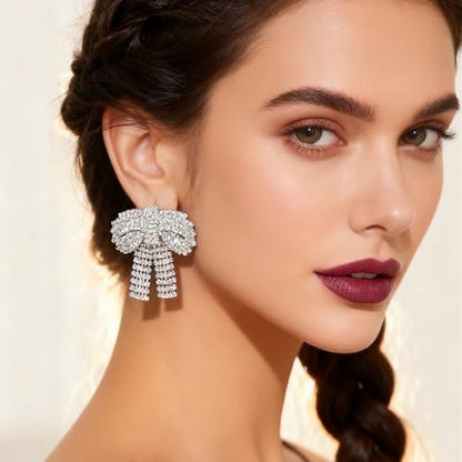 Rhinestone Earrings Dangling for Women Sparkly Silver Dangle Earrings Girls Long Chandelier Earrings Tassel Lightweight Ear Studs Cubic Zirconia (KE001S-W) - color: Bow BXE013S