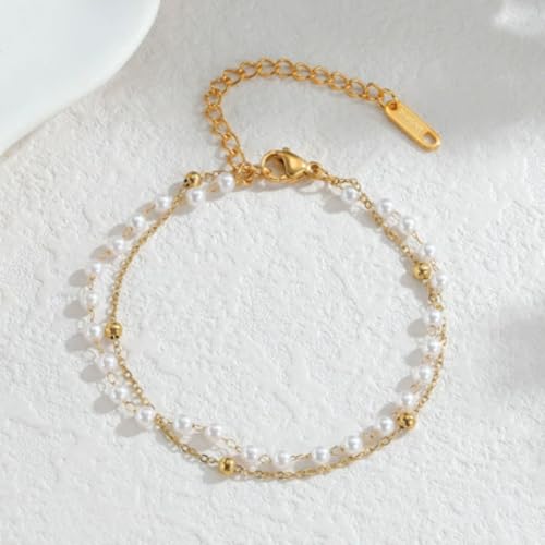 Solza 2 Layer Gold Plated Bracelet – Stainless Steel Adjustable Layered Chain with 3mm Beads, 18K Gold Plated Non Tarnish Jewelry for Women, Elegant Beaded Bracelet Stack for Everyday Wear - style: Pearl Gold