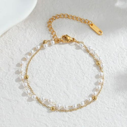 Solza 2 Layer Gold Plated Bracelet – Stainless Steel Adjustable Layered Chain with 3mm Beads, 18K Gold Plated Non Tarnish Jewelry for Women, Elegant Beaded Bracelet Stack for Everyday Wear - style: Pearl Gold