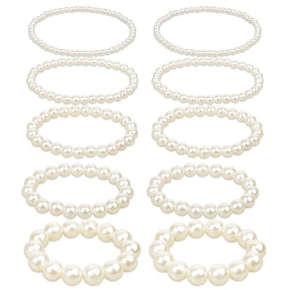 10 PCS Pearl Bracelet for Women Costume Pearl Bracelets Chunky White Pearls Bracelets Stretch Jewelry Faux Bracelet Stimulate Pearl-Bracelets for Women Lady Bridal Wedding