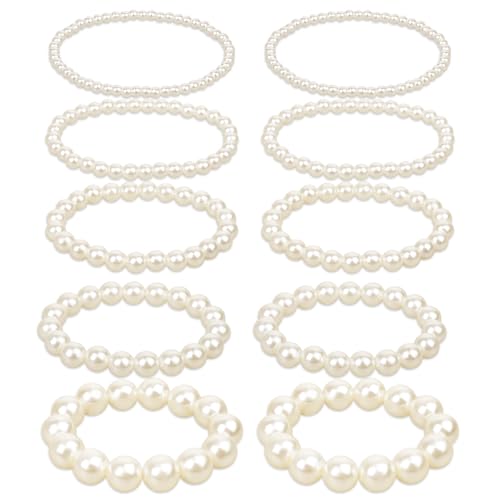 10 PCS Pearl Bracelet for Women Costume Pearl Bracelets Chunky White Pearls Bracelets Stretch Jewelry Faux Bracelet Stimulate Pearl-Bracelets for Women Lady Bridal Wedding