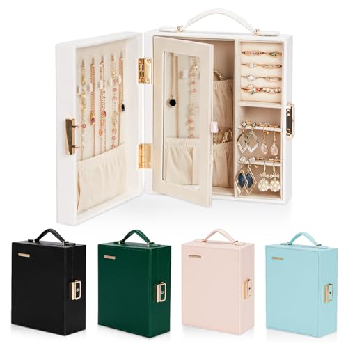 Portable Travel Jewelry Case: Jewelry Box with Lock and Mirror | Quality PU Leather & Velvet Lined Jewelry Organizer - Large Capacity for Ring Earring Large Necklaces - Birthday Gift for Her - color: White