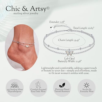 CHIC & ARTSY 925 Sterling Silver Ankle Bracelets for Women, Adjustable Layered Foot Chains with Nature & Symbol Charms, Lightweight Comfort Fit Boho Beach Everyday Jewelry - color: Butterfly/silver
