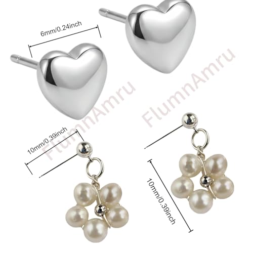 Hypoallergenic Pearl Earrings Set for Women | S925 Sterling Silver & Stainless Steel, Daisy Heart & Hook & Teardrop Dangle & Huggie Hoop, Simulated Pearl, Sensitive Ears - color: White Gold Heart Flower