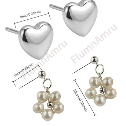 Hypoallergenic Pearl Earrings Set for Women | S925 Sterling Silver & Stainless Steel, Daisy Heart & Hook & Teardrop Dangle & Huggie Hoop, Simulated Pearl, Sensitive Ears - color: White Gold Heart Flower