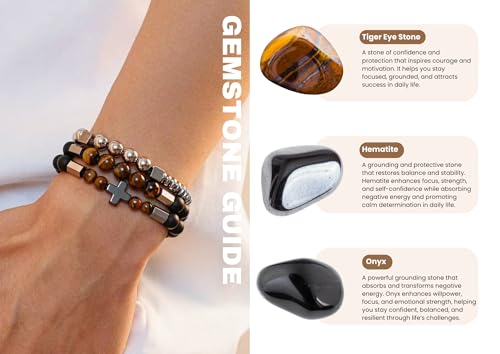 3 PCS Triple Protection Bracelet Set for Men Tiger Eye, Hematite, Onyx Beaded Natural Stone Healing Crystals Jewelry Fathers Days Gift, Christmas, Baptism, Birthday