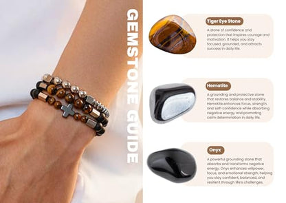 3 PCS Triple Protection Bracelet Set for Men Tiger Eye, Hematite, Onyx Beaded Natural Stone Healing Crystals Jewelry Fathers Days Gift, Christmas, Baptism, Birthday