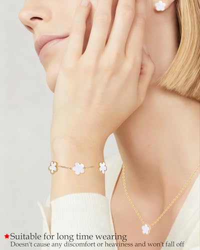 Clover Jewelry Set 3 PC - 18K Gold Plated Stainless Steel Y Necklace Four Leaf Pendant, Clover Link Bracelet Charm, Flower Earrings, Hypoallergenic Non-Tarnish,Simple Luxury Lucky Gifts for Women - color: White
