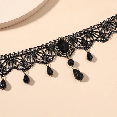 Black Gothic Vampire Necklace for Women Vintage Lace Rose Flower Witch Choker Collar Necklace Halloween Dark Bridal Cavewoman Costume Jewelry - style: black A