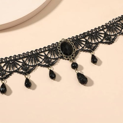 Black Gothic Vampire Necklace for Women Vintage Lace Rose Flower Witch Choker Collar Necklace Halloween Dark Bridal Cavewoman Costume Jewelry - style: black A