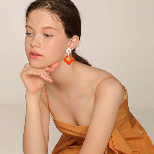 70s 80s Vintage Resin Neon Square Dangle Drop Earrings Simplicity Acrylic Hollow Round Circle Geometry Stud Earrings for Women - style: Orange White