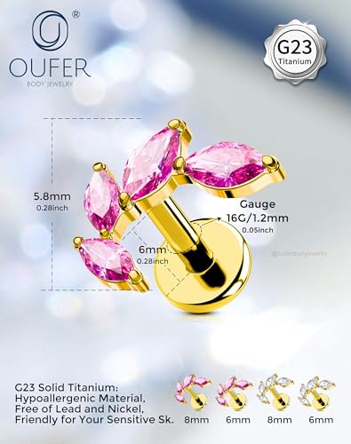 OUFER Body Piercing Titanium Helix Piercing Jewelry 16G Leaf Helix Earrings for Women Internally Thread Conch Helix Stud Flat Back Cartilage Earrings Surgical Steel Gold Cartilage Piercing Jewelry - color: ruby CZ, size: 1.2*6mm