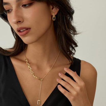 ARSIS Lariat Long Gold Necklace for Women, 18K Gold/Platinum Plated Y-Shaped Drop Dangle Pendant Necklace, Long Adjustable Pull Slider Chain Jewelry Gift for Her - color: Gold-paperclip slider