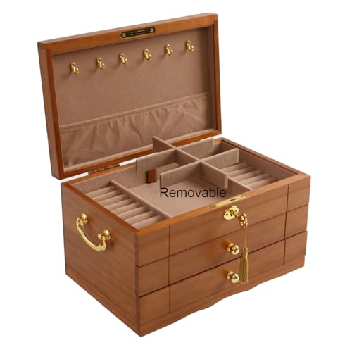 FEECOZ Wooden Jewelry Box Organizer with 2 Drawers, Lock and Key, Multiple Compartments for Rings, Necklaces, Bracelets, Jewelry Boxes for Women